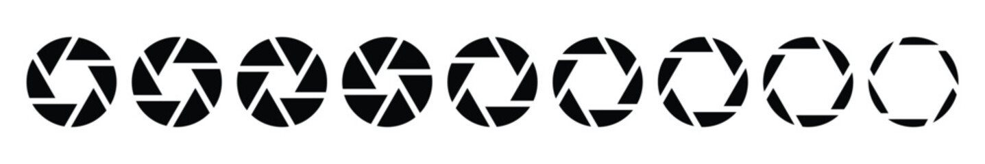 Camera lens diaphragm set. Camera shutter icons. Photo camera icon. Camera photography icons. Lens aperture, photo shutter, photo lens, shutter lens. Vector illustration
