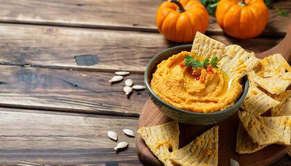 Homemade Savory Pumpkin Hummus . Thanksgiving Appetizer dip on wooden background