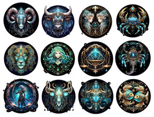 Collection of glowing astrological horoscope zodiac signs, isolated images. Generative AI