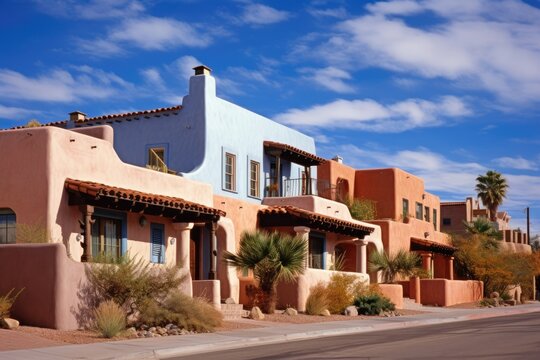 Tucson, Arizonas suburban dwellings feature houses that have attached garages. The row of residences exhibit stucco walls adorned with paint and roofs made of clay tiles. All of this is set against