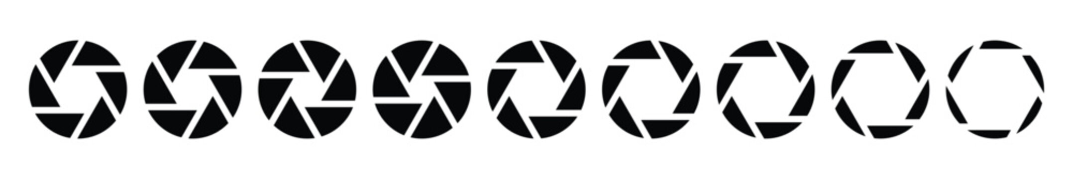Camera lens diaphragm set. Camera shutter icons. Photo camera icon. Camera photography icons. Lens aperture, photo shutter, photo lens, shutter lens. Vector illustration