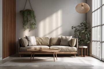 A contemporary room with a sofa, pillows, blanket, plant, and furniture interior design. Generative AI