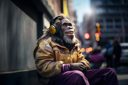 Happy anthropomorphic old monkey with a big smile and headphone, enjoying music in downtown city street, urban underground retro style and charismatic human attitude