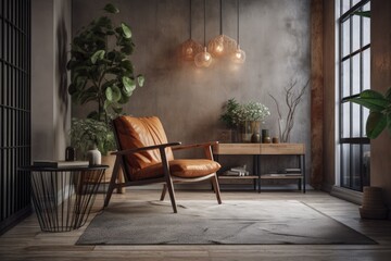 Fototapeta na wymiar a loft style home with a chair in the living room has a vintage modern décor. Generative AI