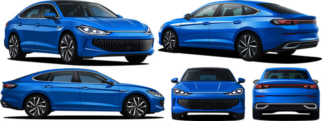 Realistic Vector Blue 3d Car Sedan Isolated with transparency gradients with front, back, side and isometric view