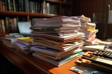 Close-up office desk with an organized stack of papers, heavy workload