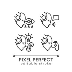 Artificial intelligence benefits pixel perfect linear icons set. AI advantages. Deep learning. Big data. Customizable thin line symbols. Isolated vector outline illustrations. Editable stroke