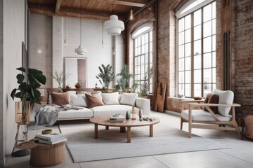 A chic modern studio apartment with wooden columns in the loft style, brick, marble, and wood decorations, chic furniture, and white walls. Generative AI