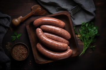 A savory dish on a plate: Irresistibly juicy fresh sausages in an enticing arrangement from above.