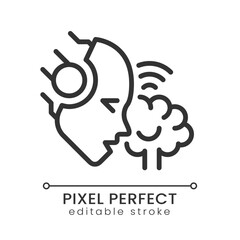 AI reads minds pixel perfect linear icon. Interpret brain signals. Decoding thoughts. Artificially intelligent. Thin line illustration. Contour symbol. Vector outline drawing. Editable stroke