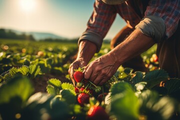Fototapeta na wymiar Farmer Hand Picking Ripe Strawberries, Generative AI