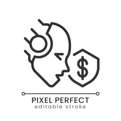 AI protects pixel perfect linear icon. Credit card fraud detection. Artificial intelligence solution. Bank security. Thin line illustration. Contour symbol. Vector outline drawing. Editable stroke