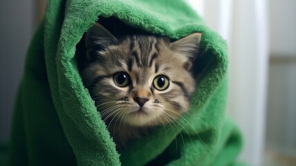  british charming kitty cat sit in towel after shower