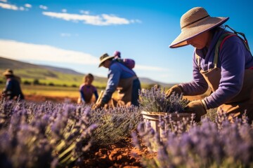 Lavender Farm With Workers Harvesting Flower, Generative AI