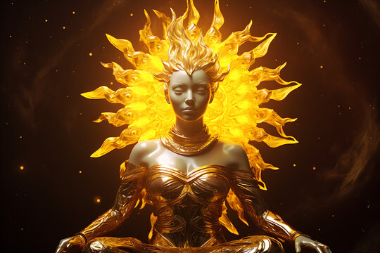 Solar plexus chakra concept, Statue in solar plexus having golden sun chakra in the background, girl Statue in yoga self-healing position. fully concentrated in lexus chakra. 
