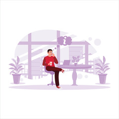 A man is casually sitting in front of a laptop in the house, conversing with a cup of coffee. Trend Modern vector flat illustration