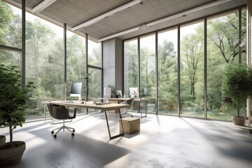 A depiction of a contemporary office with a view of the outdoors. co working room with an interior in the loft concrete style. wide window with a view of the woodland and the natural world. white drap