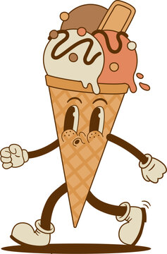Naklejki Retro cartoon Ice cream cone character in groove style. Vector illustration. Vintage sweet frozen food mascot. Nostalgia 70s, 80s