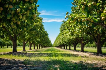 Walnut Orchard With Trees Full Of Mature Walnuts, Generative AI 
