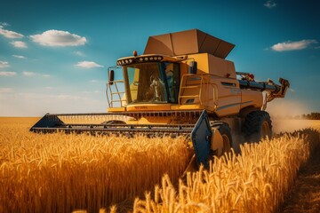 Obraz premium Wheat Field With A Combine Harvester Harvesting, Generative AI