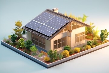 3d model, layout of an eco-friendly, energy-efficient house. Energy Efficient House. Renewable energy concept. Selective focus. Generative AI technology.