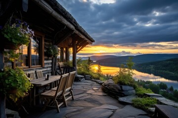 A typical Norwegian wooden summer house (known as a Hytte) featuring a terrace that offers breathtaking views of a beautiful lake during sunset in the picturesque region of Telemark, Norway, located