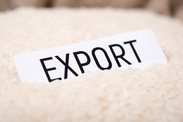 Paper with inscription Export on rice. Trade of rice around the world concept