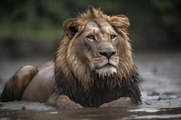 Wet lion river sitting. Generate Ai