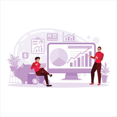 Entrepreneur doing business and stock growth planning and strategy, with rising charts and diagrams. Trend Modern vector flat illustration.