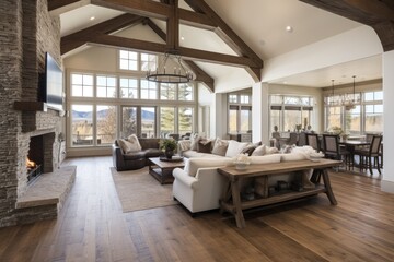 A spacious great room with an open layout, featuring a fireplace and exposed wooden beams.