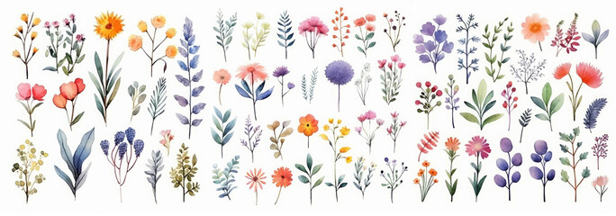 Watercolor botanical illustration set. Generative AI