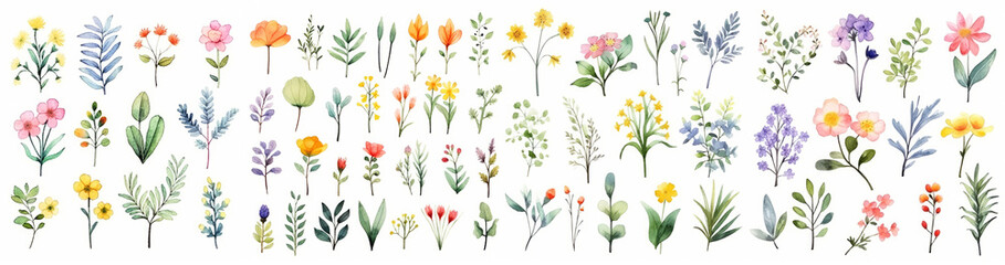Big set of watercolor elements of different flowers field