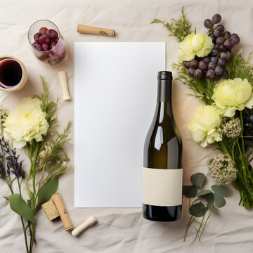  Wine bottle for mockup with gardening, grapes, with copy space, for wedding, anniversary, greeting card