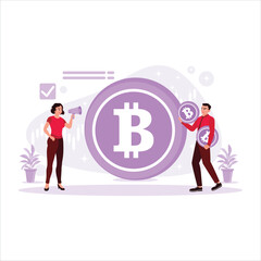 Woman with a megaphone and a man with Bitcoin. Money and Bitcoin investment concept. Trend Modern vector flat illustration.