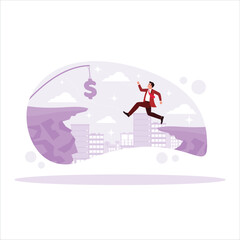 The guy jumps off a cliff and tries to catch the bait with a dollar sign. Trend Modern vector flat illustration.
