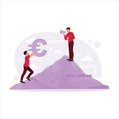 The boss on the mountain speaks into a megaphone to an employee carrying a significant euro symbol. Trend Modern vector flat illustration.