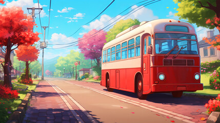 Fototapeta premium Cartoon, anime style of a orange car in the day, epic wallpaper. Generative ai