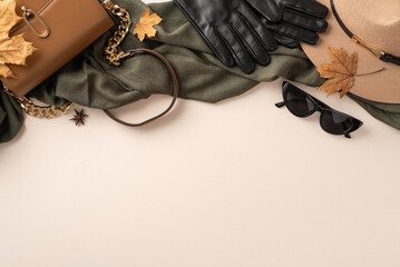 Female autumnal clothes and accessories concept. Above top view image of expensive leather purse...