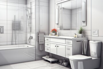 Vector illustration of modern bathroom interior with toilet, bathtub and shower cabin. Vector illustration.