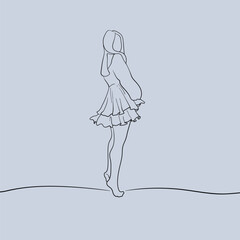 Girl model trying on a dress in the style of line art on blue background. Dress on a hanger. Dressing room. Vector outline illustration