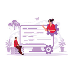 Programmers develop website programming and coding technologies. Trend Modern vector flat illustration.