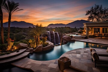 Obraz premium An exquisite backyard featuring stunning mountain vistas during sunset.