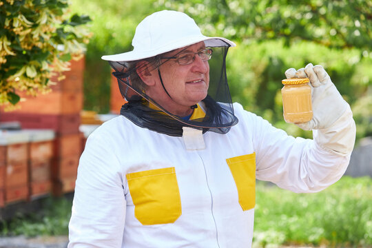 Senior male beekeeper analyzing honey jar