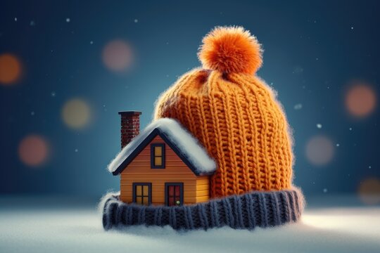 The concept of a heating system in a house during winter is exemplified by a model of a house donning a knitted cap, symbolizing the need to stay warm in cold, snowy weather.