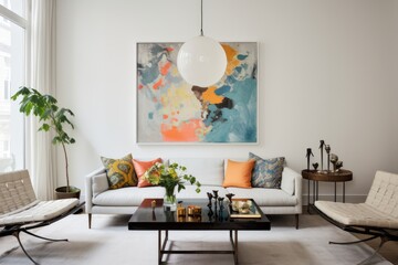 There is a painting hanging on a white wall above a sofa with cushions in the living room. There are chairs placed around a table, and a metal lamp is positioned above it.