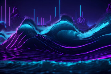 Obraz na płótnie Canvas abstract background modern wave with reflection colorful neon light on dark background. AI Generated.