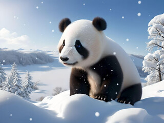 cute baby panda on snow over blurred winter forest    on day noon light  with cloudy blue sky.  AI Generated.