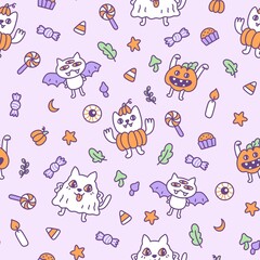 Surface seamless pattern design with сartoon characters: scary pumpkin cats, three-eyed bat cat and ghost cat. Cute print for Halloween party