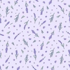 Seamless pattern with lavender.  Floral background with purple flowers and leaf. Botanical texture in elegant provence style with aromatic herb lavanda