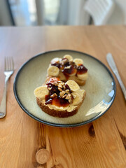 Protein Breakfast with Toast Bread Slice, Banana, Walnut and Red Pepper Jam or Marmalade.
